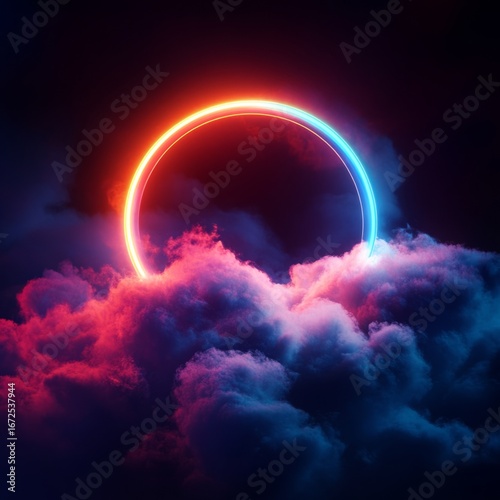 3d render, colorful neon glowing circle inside vibrant fluffy clouds on dark background, abstract illustration