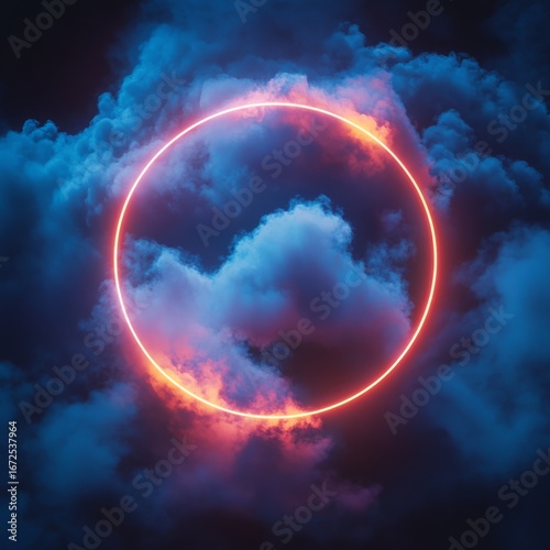 3d render, colorful neon glowing circle inside vibrant fluffy clouds on dark background, abstract illustration