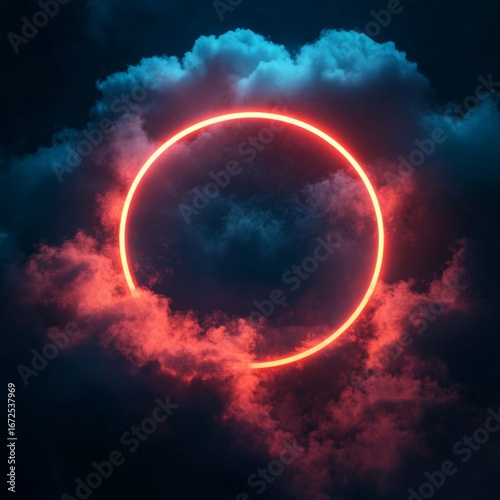 3d render, colorful neon glowing circle inside vibrant fluffy clouds on dark background, abstract illustration