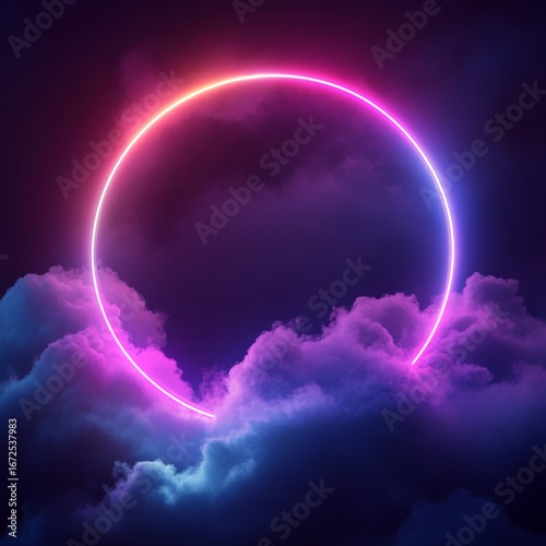 3d render, colorful neon glowing circle inside vibrant fluffy clouds on dark background, abstract illustration