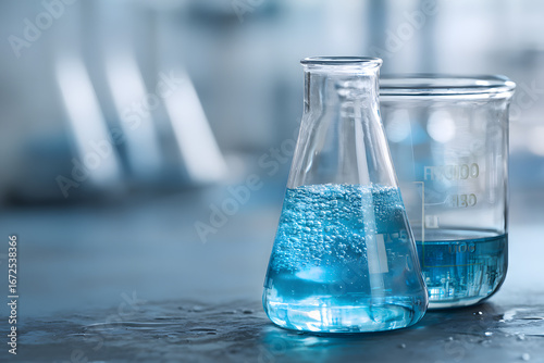 water in beaker and flask glass in chemistry blue scence laboratory background