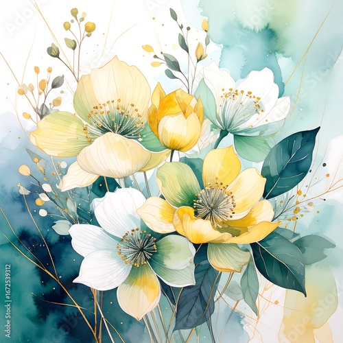 A bouquet of vibrant yellow and white flowers, detailed with delicate green leaves and stems, set against a soft teal backdrop, creates a serene and cheerful composition.