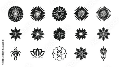 Celestial Floral Mandala: A stunning arrangement of black and white floral mandala designs, embodying elegance, intricacy, and spiritual significance.