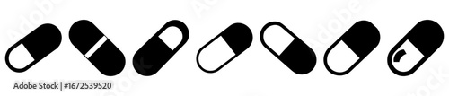 Illustration of six various styles of capsule pills in black and white