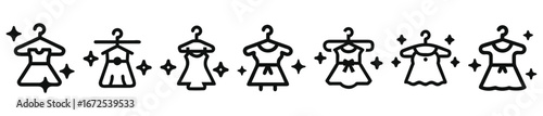 Outlined icons of different dress styles on hangers with sparkles
