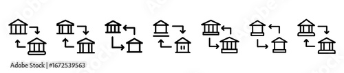 Recurring loop of abstract bank or governmental buildings icons on a white backdrop