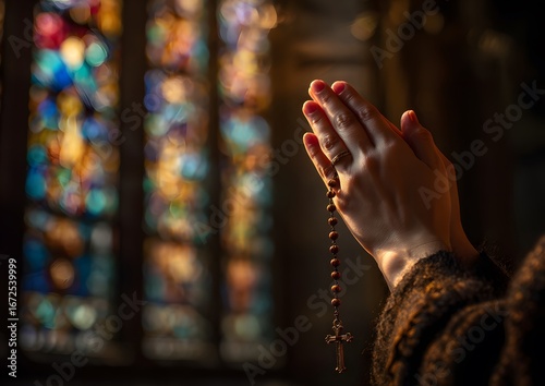 Praying hands with rosary beads in church faith and spirituality concept