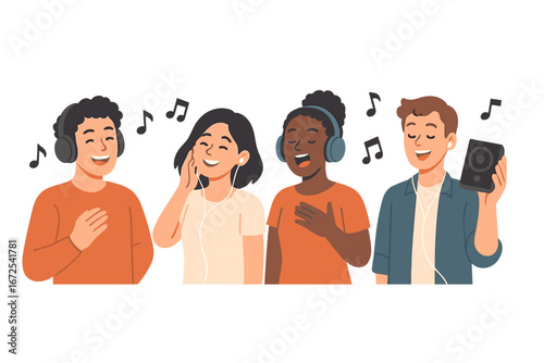 People enjoying music with various audio equipment are depicted in a colorful, flat vector illustration
