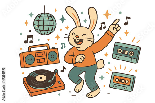 A colorful, hand-drawn illustration of a set of adorable rabbits enjoying music with a radio, disco ball, cassette tape, and gramophone
