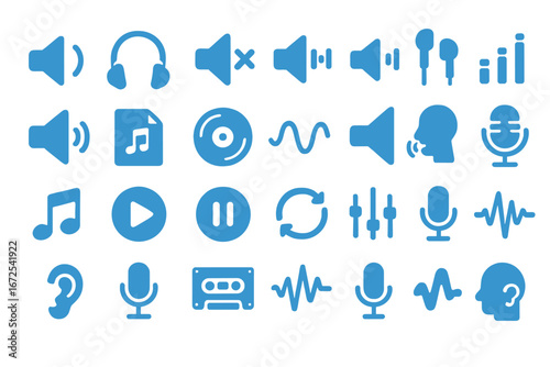 This collection includes solid vector illustrations of various audio-related icons