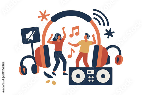 A vector illustration of a silent disco concept, depicting headphones at a party amidst a quiet rave trend with rented equipment and a streaming DJ set