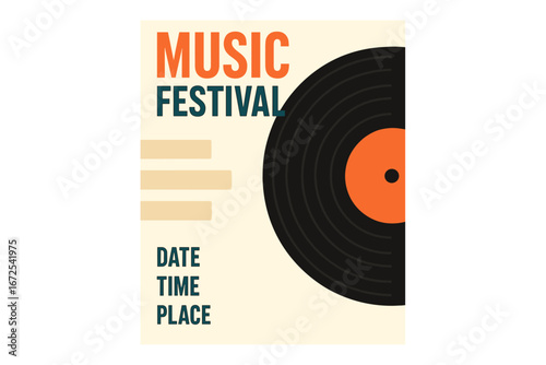A vinyl record serves as the background in a music festival poster design template, used for various print materials such as brochures and banners