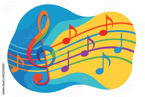 The concept of music is represented by colorful notes and a G-clef on a party-themed poster