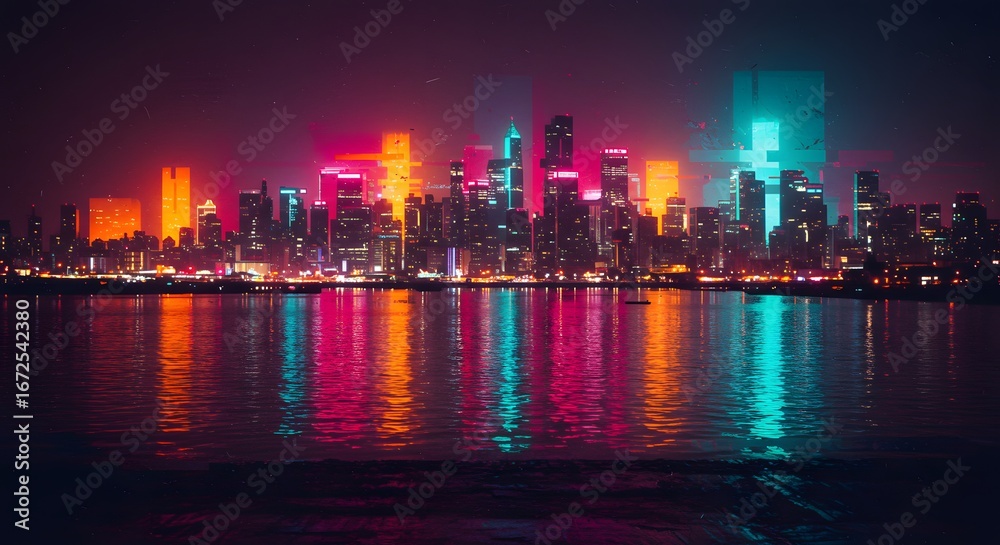 Obraz premium Neon Cityscape at Night: Vibrant Reflections on Water