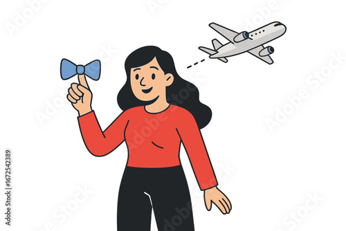 Cheerful traveler clutching airline tickets, envisioning a flight and travel; a female passenger contemplating an aircraft journey, depicted in a flat vector illustration on a white background