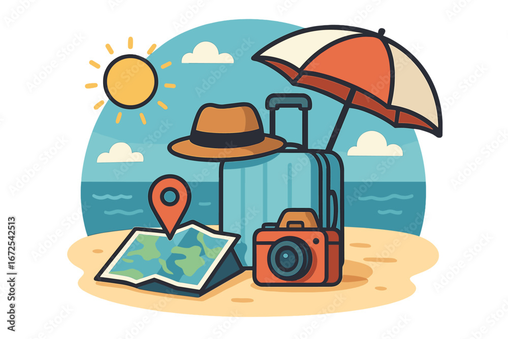 Fototapeta premium A 3D travel promotion banner featuring blue suitcases and travel accessories against a sunny beach backdrop