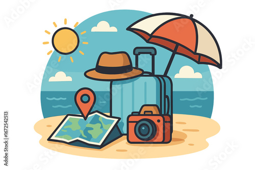 A 3D travel promotion banner featuring blue suitcases and travel accessories against a sunny beach backdrop