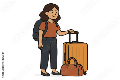 A cheerful female traveler, holding a suitcase and a carry‑on, checks her watch while waiting for her flight to depart, depicted as a flat vector illustration on a white background