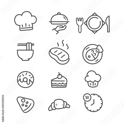 Collection of simple outline icons representing various food and dining elements