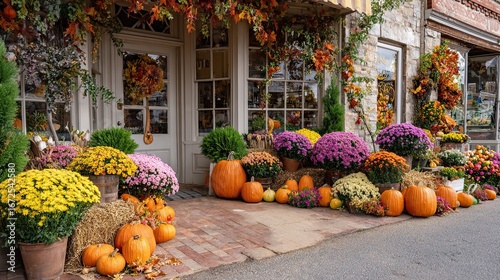Fototapeta Naklejka Na Ścianę i Meble -  Autumn pumpkins and colorful flowers decoration at rustic shop entrance with fall leaves and plants