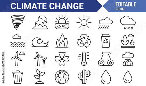 Set of editable icons for environmental protection and climate change awareness