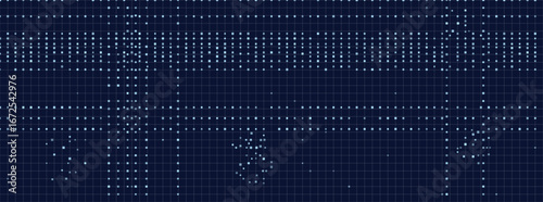 Digital grid matrix on dark background with dotted patterns.
