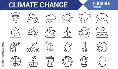 Set of editable icons for natural disasters, weather, and climate change