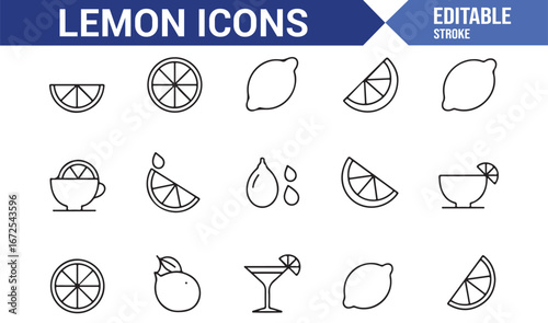 Set of editable lemon icons for food and health-related projects
