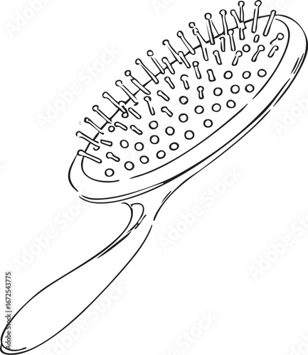 Black and white vector illustration of hairbrush with curved handle and bristles ideal for hygiene and grooming design projects