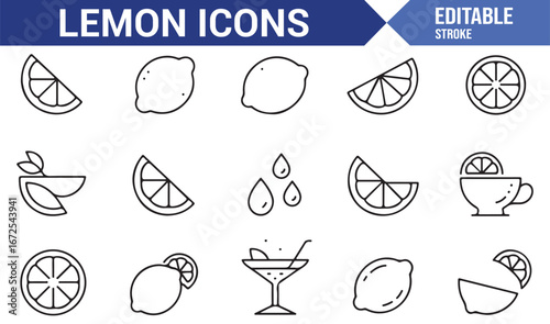 Set of editable icons featuring lemons, slices, and lemon drinks