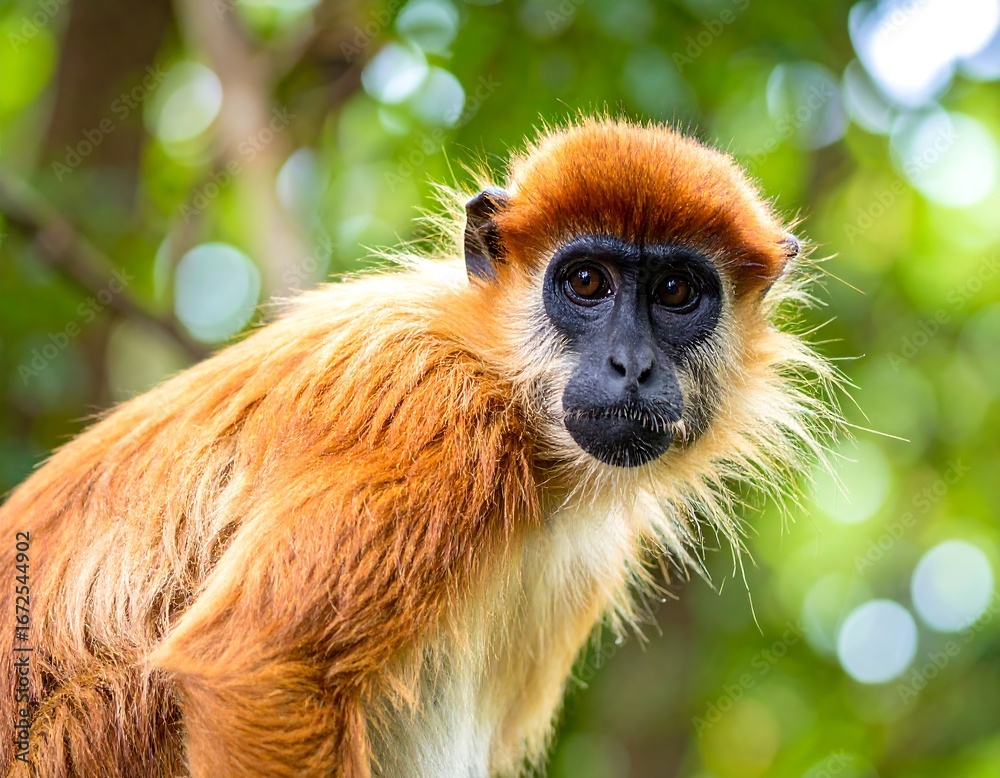 Obraz premium Close-up of a reddish-brown monkey with expressive eyes, set against a softly blurred background of lush green foliage.