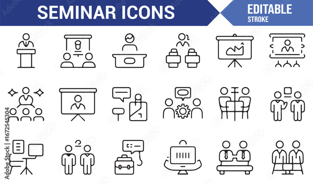 Fototapeta premium Seminar and presentation vector icons for educational projects
