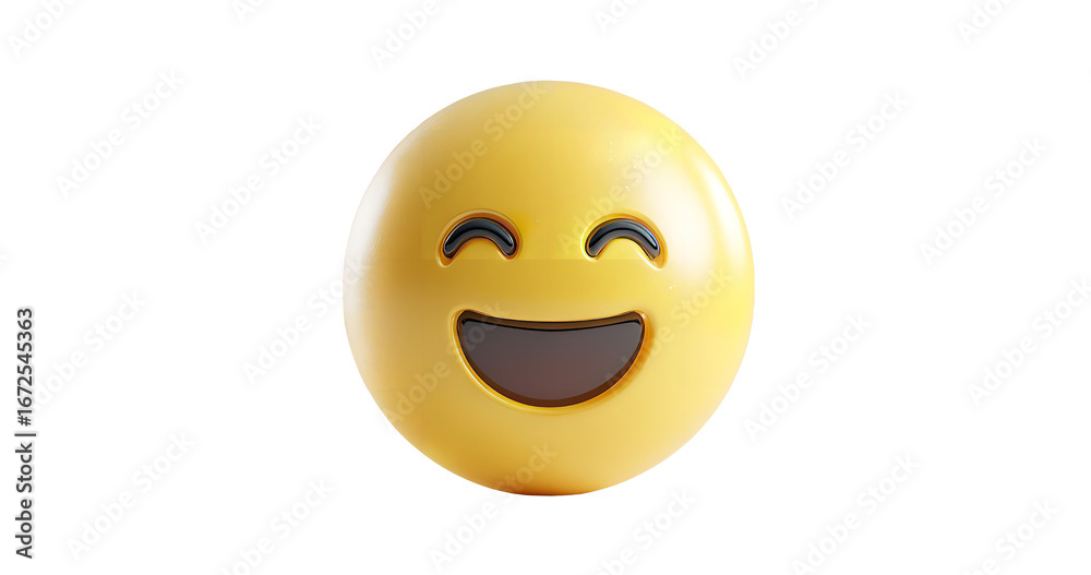 Fototapeta premium Cheerful yellow laughing emoji face radiating positivity and joy on transparent background
