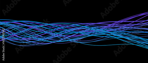 Dynamic vector tech background with flowing blue and purple lines on black.