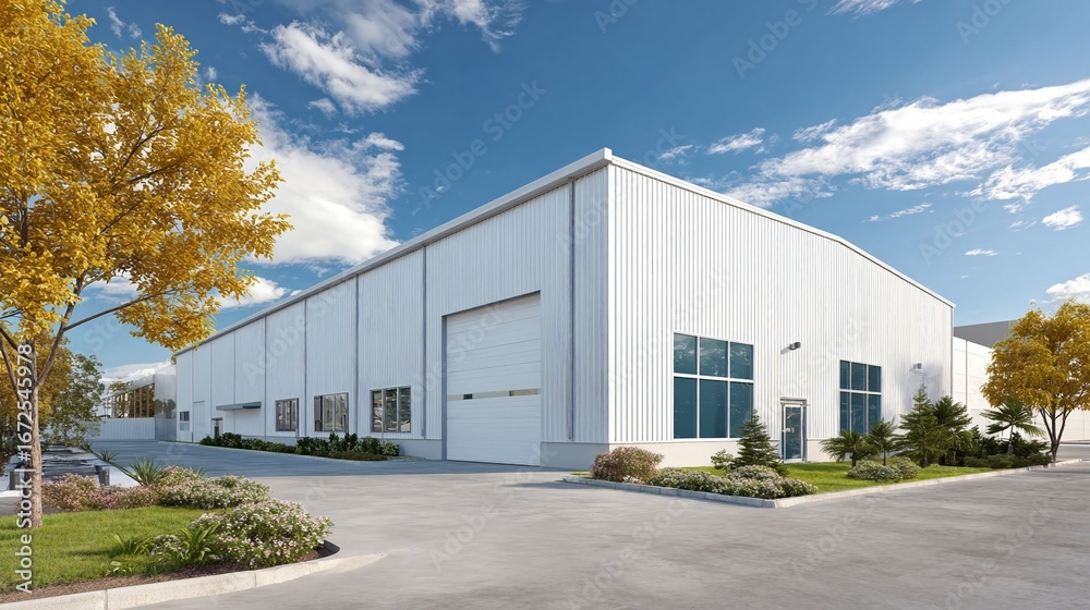 Fototapeta premium Modern industrial warehouse building with large loading bay doors. Distribution center for logistics and storage. Commercial real estate.