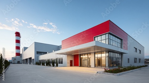 Modern industrial building and factory chimney. Architectural design for production plant with red and gray facade. Business property for manufacturing campus.