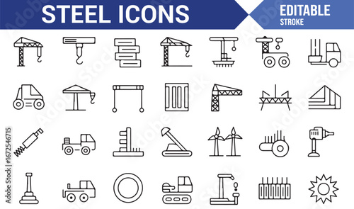 Collection of steel and heavy machinery icons for industrial use