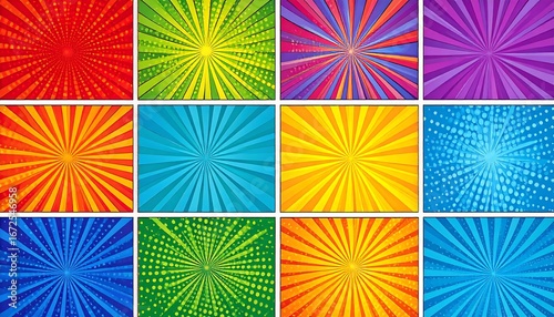 Collection of Diverse Comic Style Radial Backgrounds in Vivid Colors
