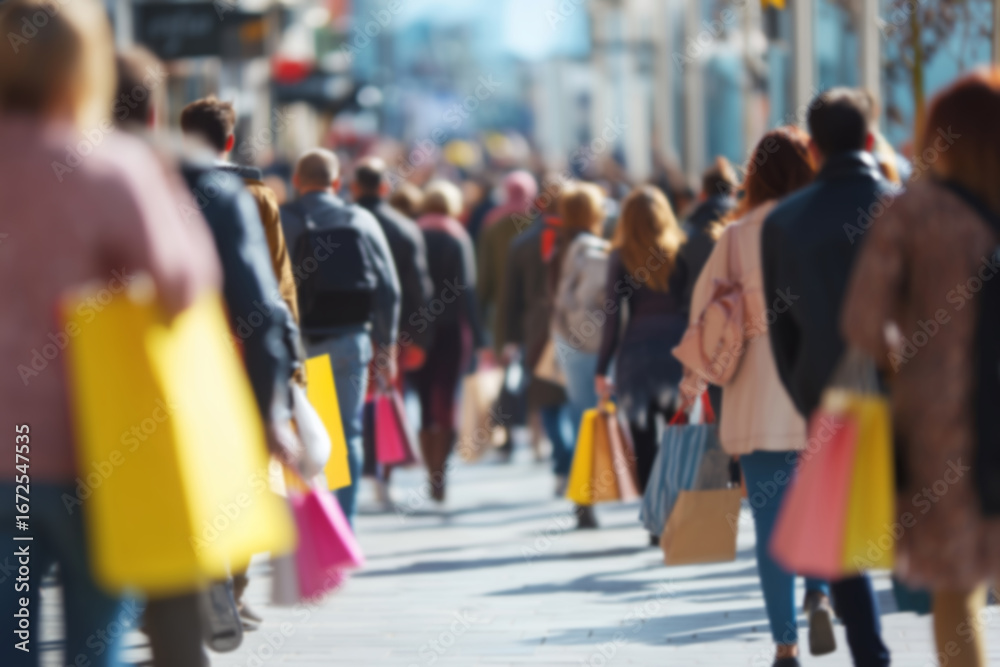 Naklejka premium Blurred crowd of diverse people carrying shopping bags and packages, concept of holiday shopping, sales, gift buying, and festive consumer activity.