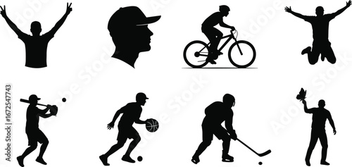Silhouette vector illustration of different sports activities including cycling, basketball, baseball, hockey, celebration, athlete profile, fitness lifestyle