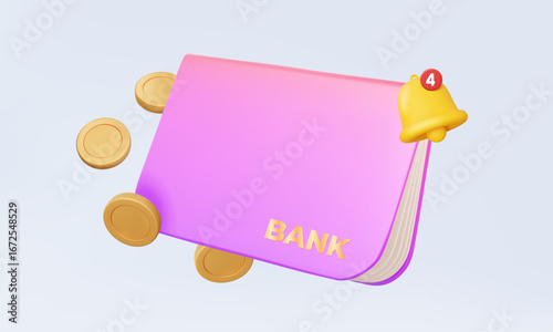 Alert bell warning exchange withdraw statement bankbook transaction personal account online payment invoice document management passbook design on isolated pastel background. 3D vector illustration