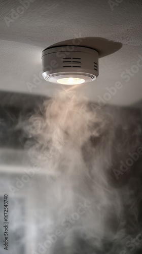 Smoke detector mounted on a ceiling with visible smoke nearby, concept of fire safety, early warning, and home or office protection.