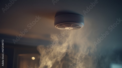Smoke detector mounted on a ceiling with visible smoke nearby, concept of fire safety, early warning, and home or office protection.