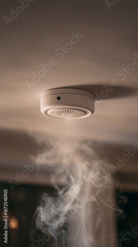 Smoke detector mounted on a ceiling with visible smoke nearby, concept of fire safety, early warning, and home or office protection.