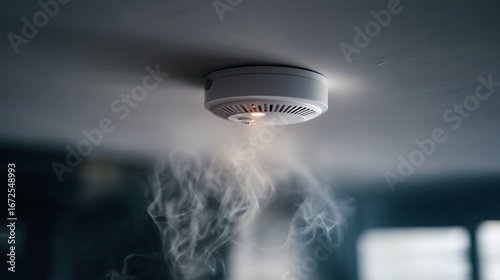 Smoke detector mounted on a ceiling with visible smoke nearby, concept of fire safety, early warning, and home or office protection.