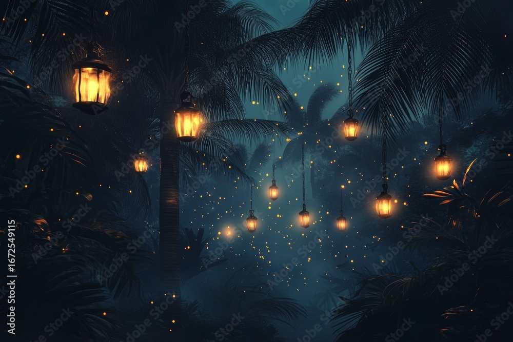 Naklejka premium Ethereal lantern lights cast a mystical glow over the nocturnal rainforest, crafting an atmosphere of jungle enchantment