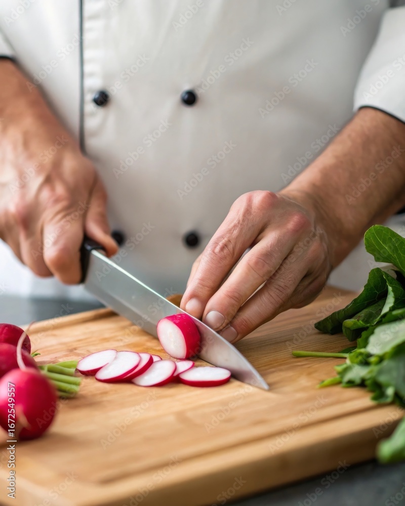 Obraz premium Hands slicing radishes with a sharp paring knife close-up in a bright kitchen setting for culinary enthusiasts