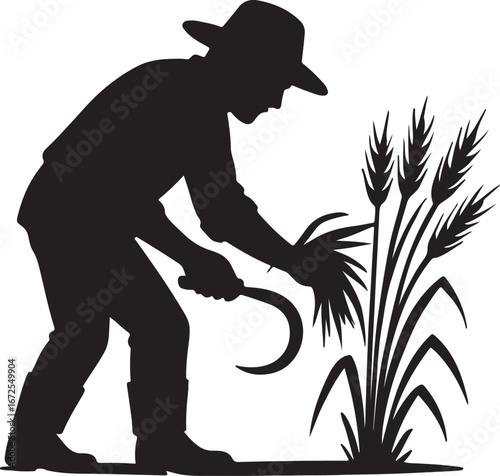 Silhouette of a farmer harvesting wheat with a sickle vector