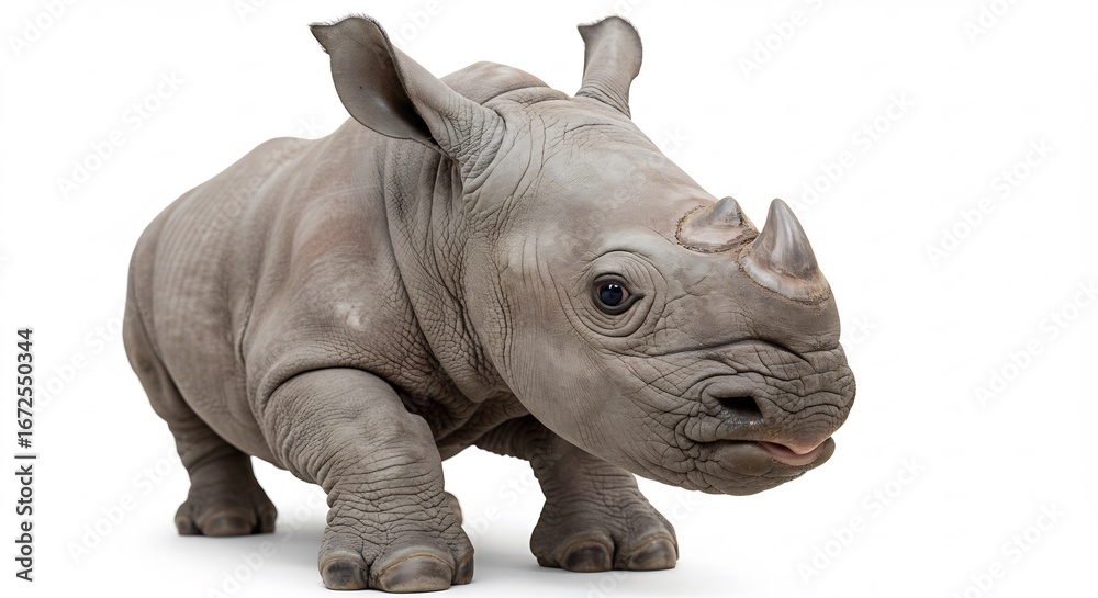 Obraz premium Adorable baby rhino stands against bright white background. AI Generated