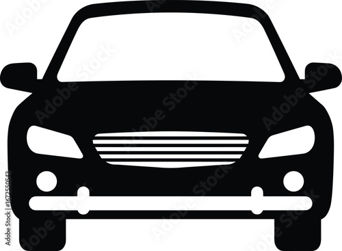 Front view of a modern black car, isolated on white background, representing transportation, travel, and automobile industry, with copy space